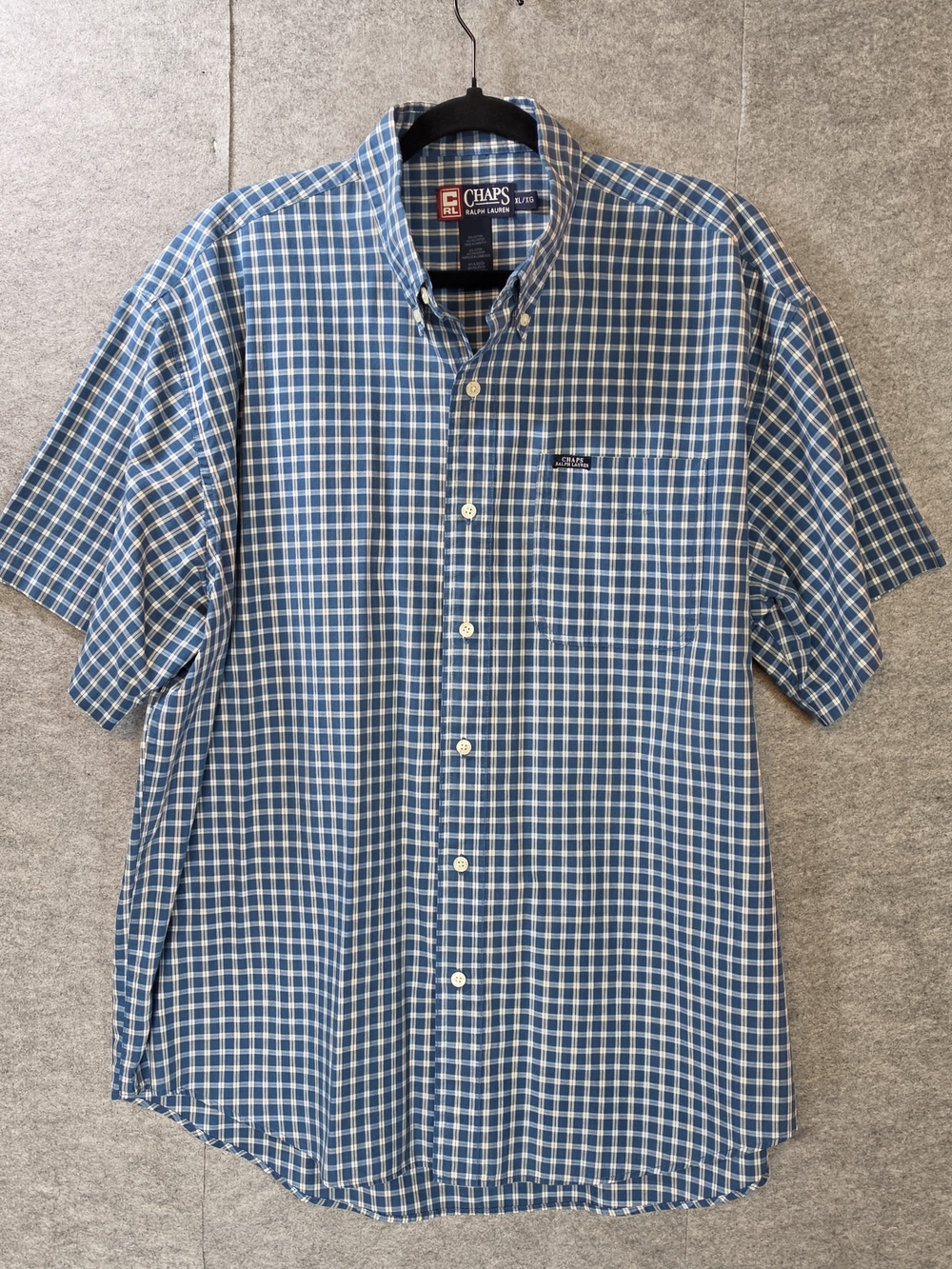 Vintage Chaps Ralph Lauren Blue and White Plaid Short Sleeve Button-Down Shirt